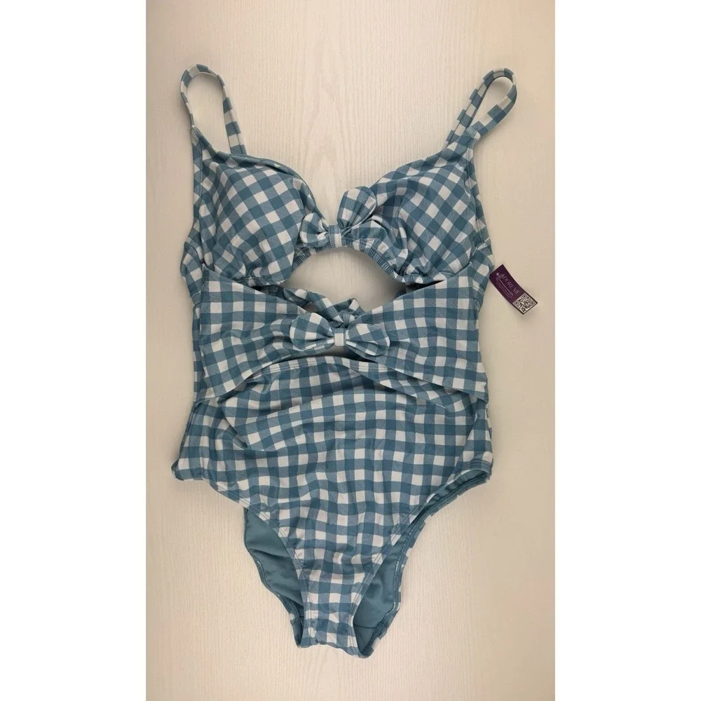 Adore Me Gingham One Piece Swimsuit 0X‎ Blue White Cutout Bow Front NWT Plus